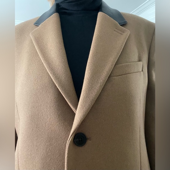 The Kooples LEATHER COLLAR CAMEL BELTED LONG WOOL COAT - size small in men’s - Picture 13 of 16